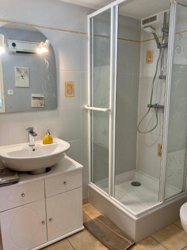 une salle de bain avec douche et lavabo dans l'établissement Le Clos de Socorro Appartement 154, à Portiragnes
