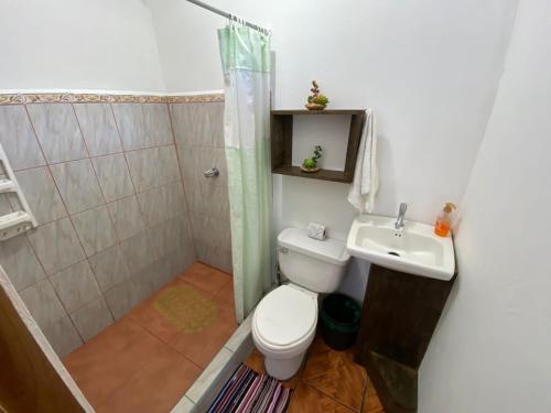 uma casa de banho com um WC, um chuveiro e um lavatório. em Twin Palms Lodge em Monteverde