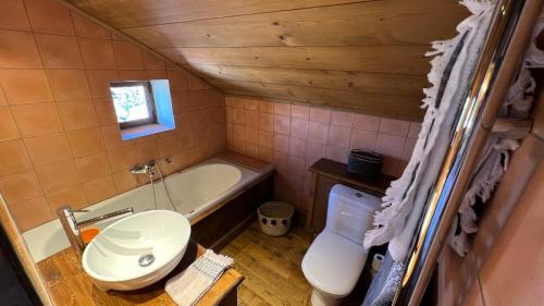 uma pequena casa de banho com WC e banheira em l’escalade 3 em Courchevel