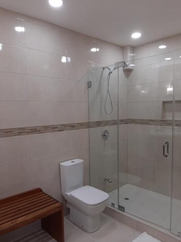 a bathroom with a toilet and a glass shower at PESHERES INN & SPA in Bon Accord