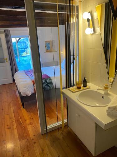 a bathroom with a sink and a glass shower at La Majorie de Nendaz in Nendaz