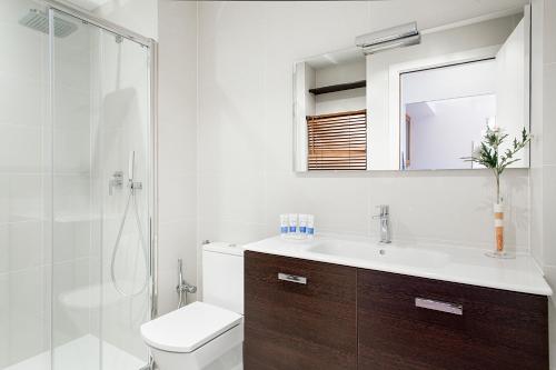 uma casa de banho com um WC, um lavatório e um chuveiro em Suites4days Provenza Apartment em Barcelona