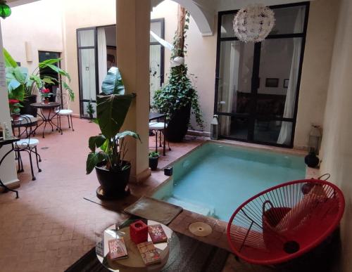 a swimming pool in a room with plants and a chair at RIAD PÉNÉLOPE Marrakech in Marrakesh