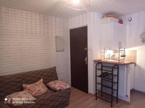 sala de estar con sofá y puerta negra en Super appartement T2 au pieds des pistes., en Les Deux Alpes