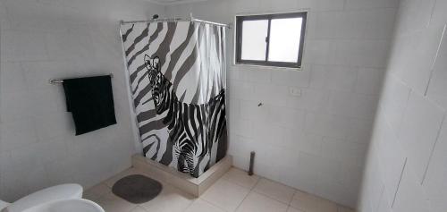a bathroom with a zebra shower curtain with a window at Casa mediterranea santo domingo in Santo Domingo