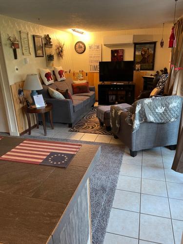 uma sala de estar com dois sofás e uma televisão em Blue Knob Bear Den (Nordic Center/Golf Course) em Claysburg