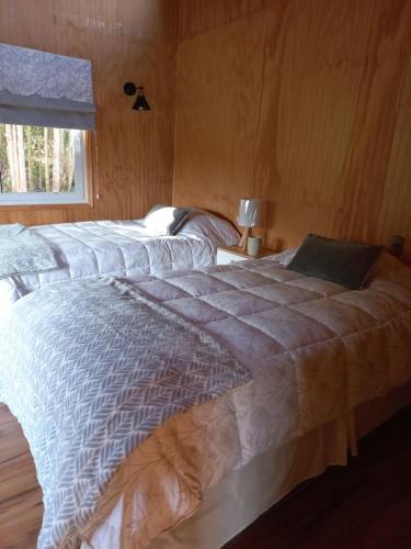 1 dormitorio con 2 camas y ventana en Tukawe en Cochamó