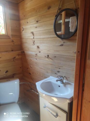 a bathroom with a white sink and a toilet at Noclegi Nowe Warpno in Nowe Warpno