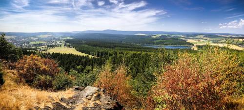 a view of a valley with trees and a lake at Landhaus-Chalet-Keilberger Blick in Kurort Oberwiesenthal