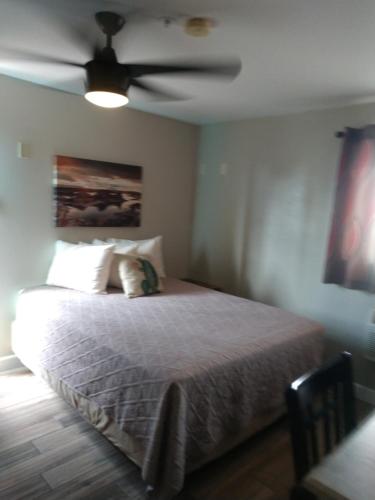 a bedroom with a bed with a ceiling fan at Red Rock Motel in Page