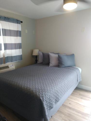 佩吉的住宿－里德羅克公寓，一间卧室配有一张带蓝色枕头的大床
