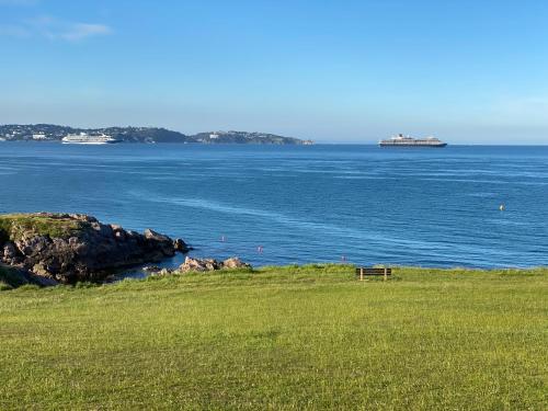 a large body of water with a grassy field and the ocean at Paignton Place in Marldon