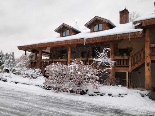 a house covered in snow with a road in front of it at Lenroot Lodge in Seeley