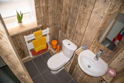 a bathroom with a white toilet and a sink at Chequer - seafront 1 bed ground floor garden flat in Cleethorpes
