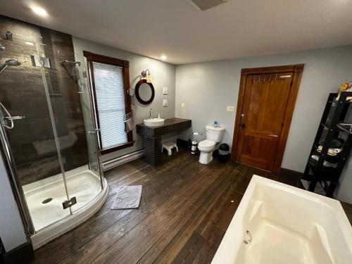 a bathroom with a shower and a tub and a sink at House & loft, pool table, ping-pong, fireplace, AC in Ayer's Cliff