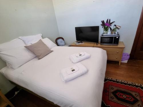 1 dormitorio con 1 cama blanca y 2 toallas en La Cochon Rose Motel, en Saint Arnaud