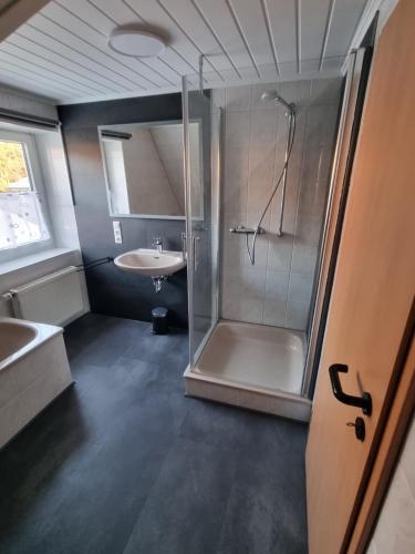 y baño con ducha y lavamanos. en Ferienwohnung am Fuße des Eggegebirges, en Bad Driburg