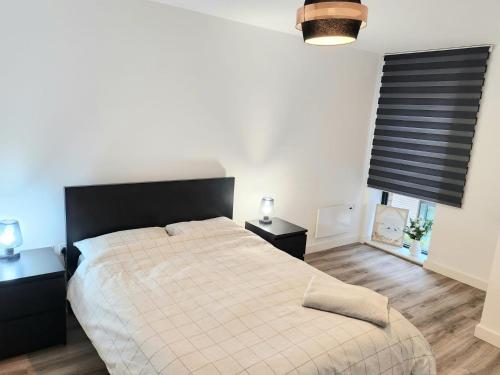 a bedroom with a bed and two night stands and a window at Lovely Luxury Apartment with Free Parking 209 in Luton
