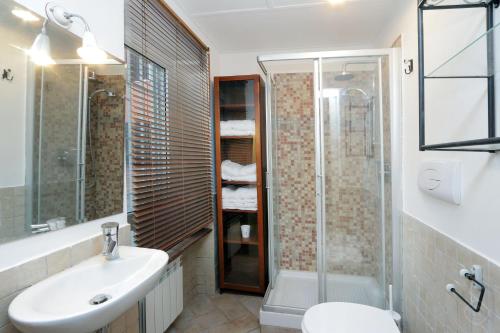 e bagno con lavandino, servizi igienici e doccia. di Appia Park Apartment a Roma
