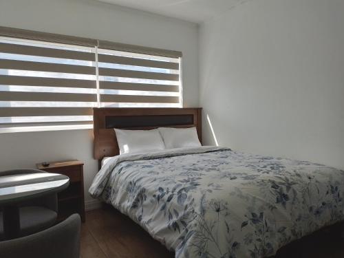 康塞普西翁TinyApartments - estudio pleno centro Concepción的带床和窗户的卧室