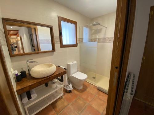 ein Bad mit einem WC, einem Waschbecken und einer Dusche in der Unterkunft Las Palmeras Casa Rural in Navarrés