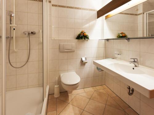 a bathroom with a toilet and a sink and a shower at Seniorenresidenz Parkwohnstift Bad Kissingen in Bad Kissingen