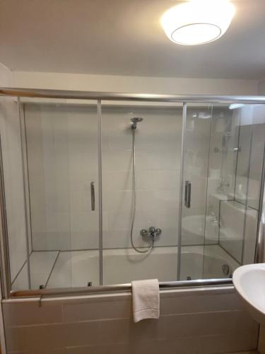 een douche met een glazen deur in de badkamer bij Erbacher Wohnung in Erbach