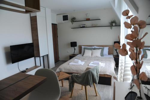 een slaapkamer met een bed en een tafel en een televisie bij Sunny Woods Apartment in Divčibare