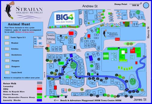 una mappa del sito dell'anfiteatro bicheno di BIG4 Strahan Holiday Retreat a Strahan