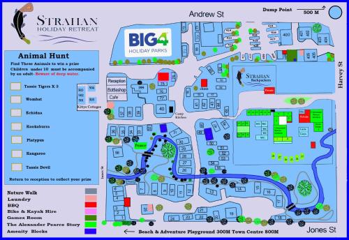a map of the site of the bicheno amphitheatre at BIG4 Strahan Holiday Retreat in Strahan