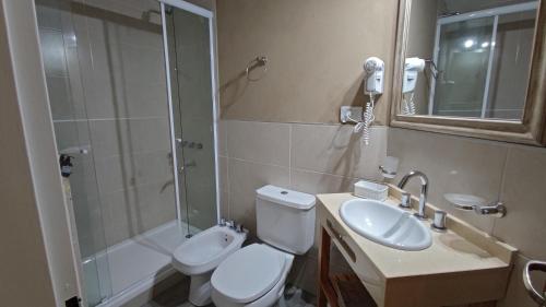 ein Bad mit einem WC, einem Waschbecken und einer Dusche in der Unterkunft Apart Octogono Condominio in Villa Gesell