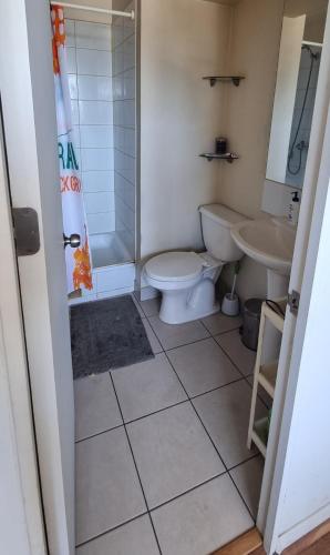 a bathroom with a toilet and a sink at Edu Apartment in Concepción