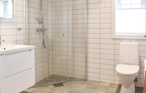 a bathroom with a shower and a toilet and a sink at Nice Home In Sjusjen With 3 Bedrooms And Sauna in Sjusjøen