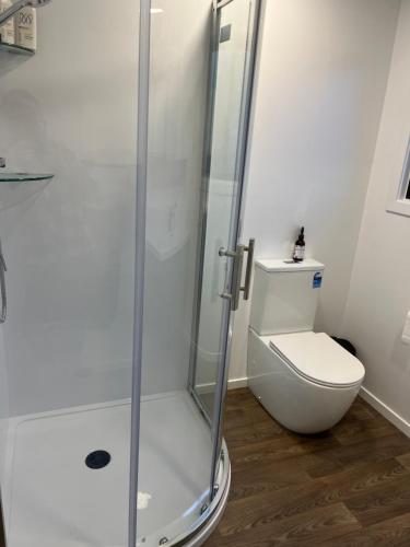 a bathroom with a toilet and a glass shower at Cozy 2 bedroom with room for a boat in Paihia