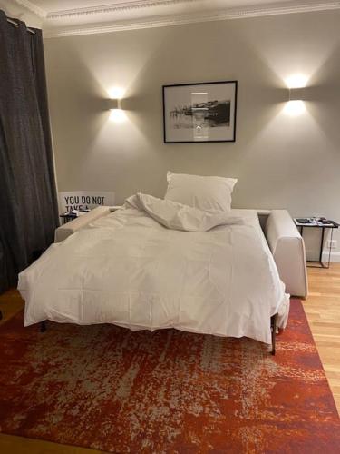 une chambre avec un lit blanc et un tapis dans l'établissement Coeur de Montorgueil angle Tiquetonne ensoleillé, à Paris