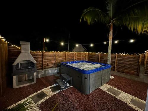a hot tub with a grill and a palm tree at Lilie location langevin in Saint-Joseph