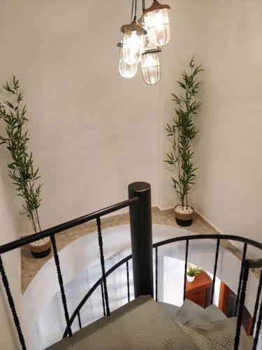 a staircase with two potted plants and a chandelier at VV 'TIRBA' Precioso duplex a 1 minuto de la playa in Gran Tarajal