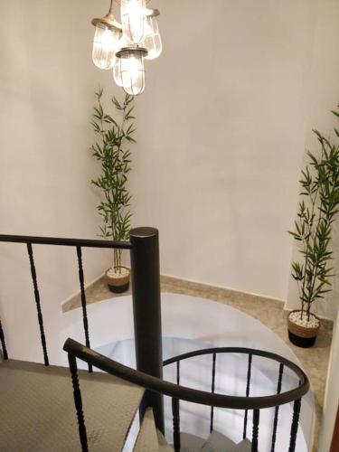 a table with potted plants and a chandelier at VV 'TIRBA' Precioso duplex a 1 minuto de la playa in Gran Tarajal