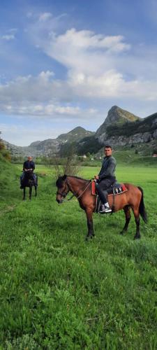 two people are riding horses in a field at Katun Mokra accommodation & horseback riding in Podgorica