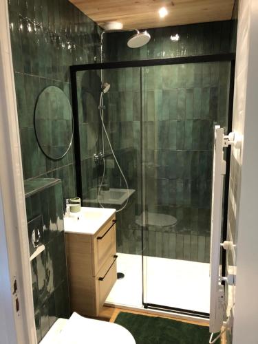 une salle de bains avec douche, toilettes et lavabo dans l'établissement Uluwatu - cottage cosy, à Saint-Laurent-de-Médoc