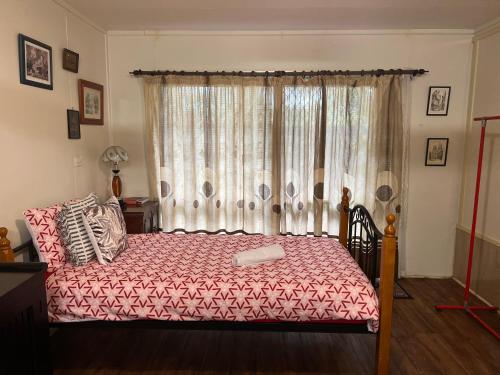 a bedroom with a bed with a red comforter and a window at XYL Holiday Inn in Caloundra