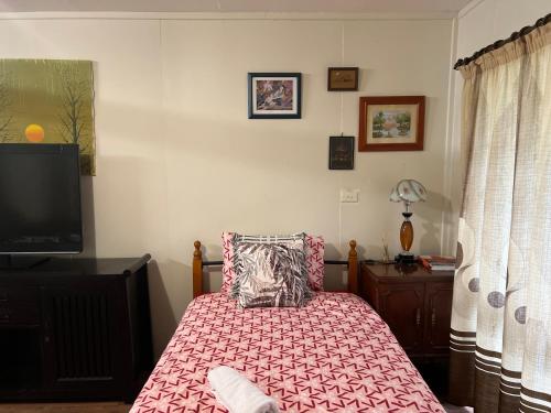 a bedroom with a bed with a pink comforter and a television at XYL Holiday Inn in Caloundra