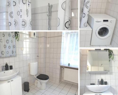 y baño con lavamanos y lavadora. en Your Cozy Appartment in Wuppertal: Wupper-Home 2, en Wuppertal