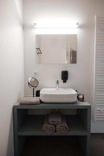 a bathroom with a sink and a mirror at City Rooms Amstetten in Amstetten