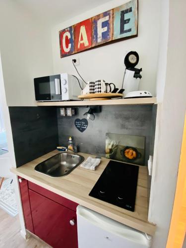 une petite cuisine avec un évier et un micro-ondes dans l'établissement Appartement N°8 Vue Mer, Perros Guirec, à Perros-Guirec