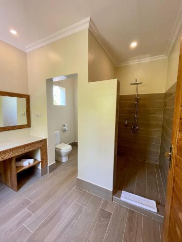 a bathroom with a shower and a toilet at The Sands Beach Resort in Bwejuu