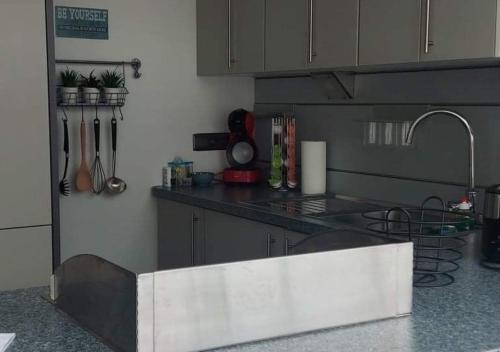 a kitchen with a sink and a counter top at Vakantiewoning - ‘t Ouwershuys in Opoeteren