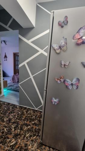 a refrigerator with butterflies on it in a room at vApartament central in Hunedoara