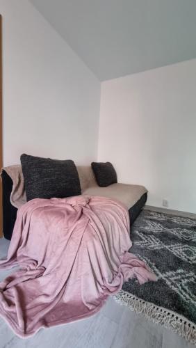 a bed with a pink blanket on it in a room at vApartament central in Hunedoara