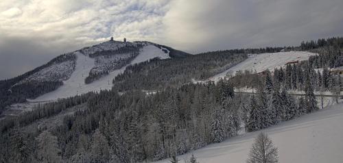 a snow covered mountain with a person on top of it at Apartmán KK in Zwiesel